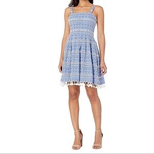 White Stitched Pattern Blue Sleeveless Dress with Square Neck Size 10